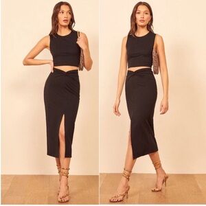 REFORMATION Rylan Knit 2 Piece SET TOP & SKIRT Size Medium Black Tencel